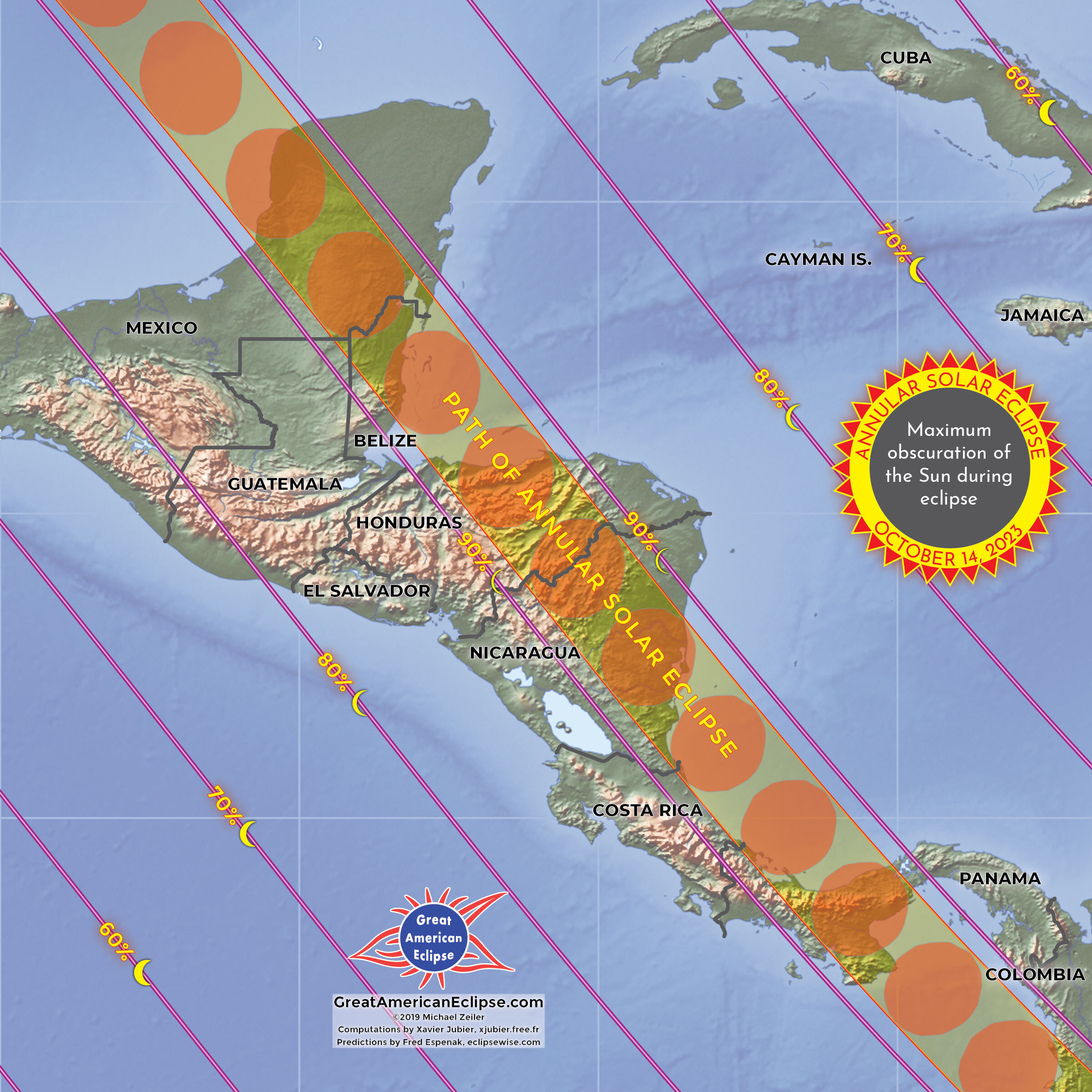 Map of a portion of Mexico and Central America showing the path of the annular solar eclipse.
