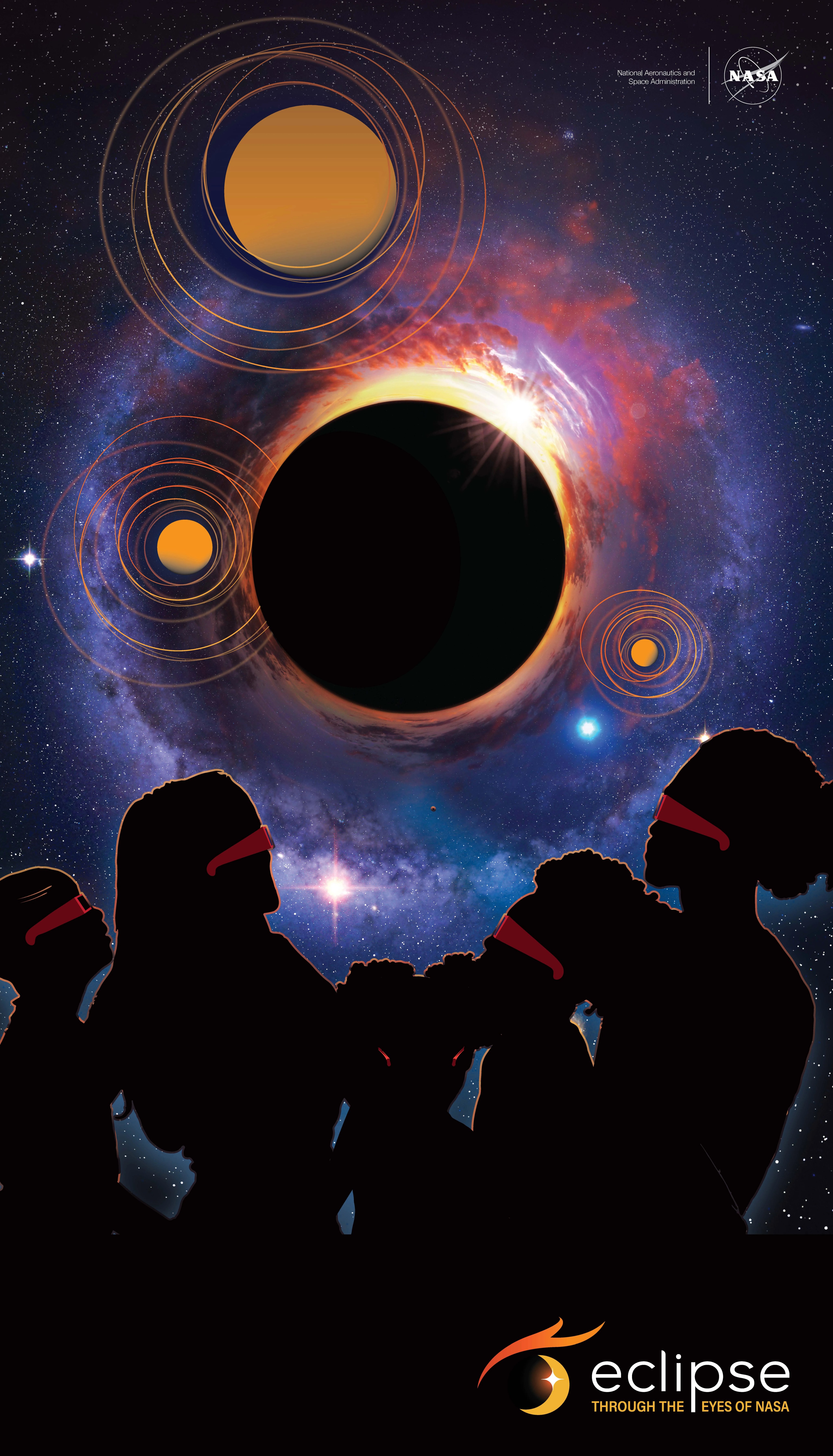 A black starry sky fills the edges of the poster. Closer toward the middle of the posters is a blue area resembling a cloudy galaxy. In the middle, a large black circle covers most of a bright yellow Sun – an eclipse. On the top right of the circle, some of the Sun peeks out. Three golden, solid circles, surrounded by thin orange circular lines are scattered around the middle eclipse. At the bottom of the poster, 5 people, varying in age, wear eclipse glasses and look up toward the eclipse.