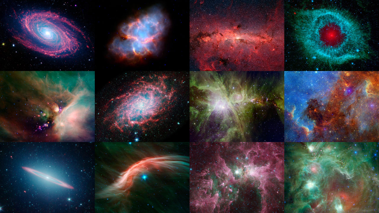 Collection of 12 different views of distant galaxies and gas clouds.