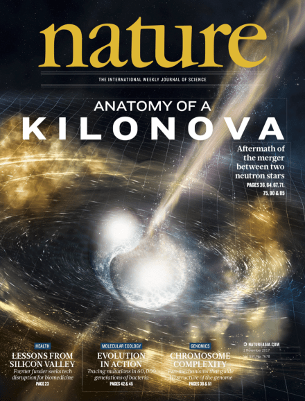 Cover of Nature magazine illustration depicting two merging neutron stars