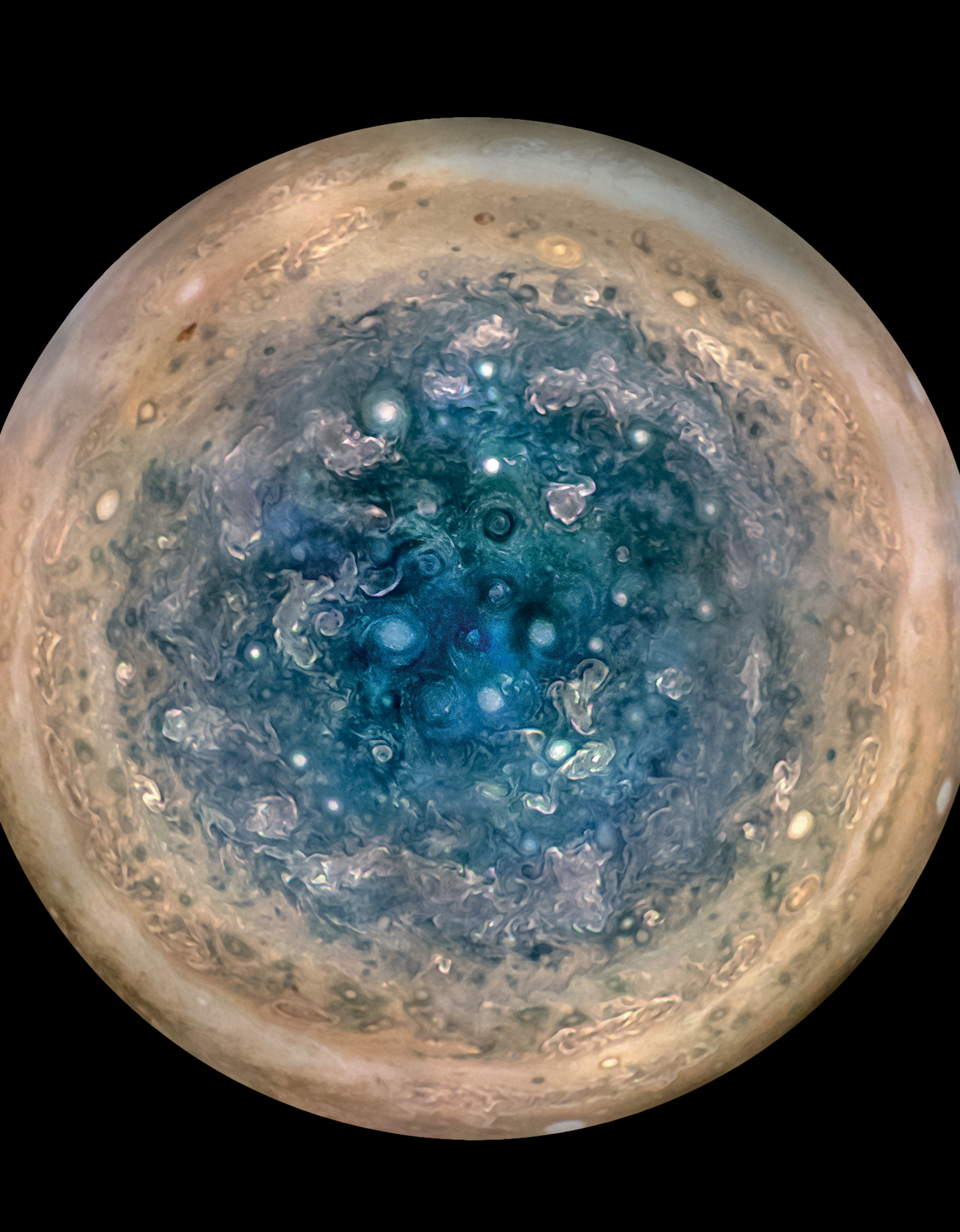 Detailed view of Jupiter and its immense swirling cloud patterns.