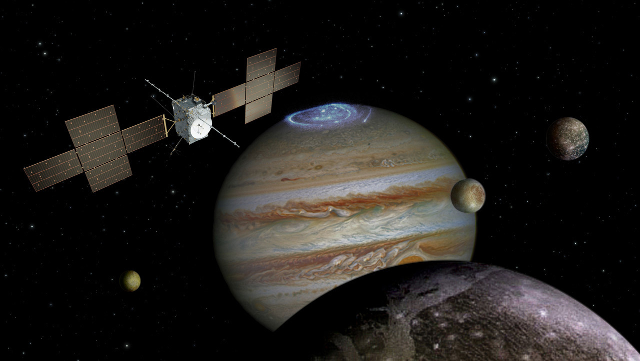 木星上可见四颗卫星的航天器插图。