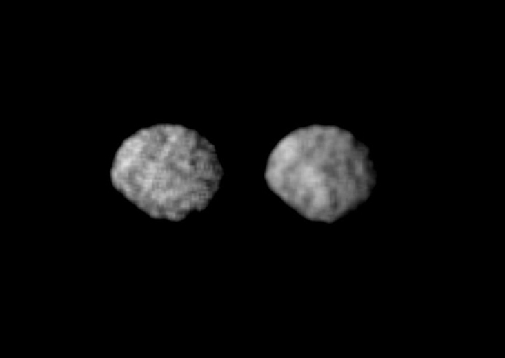 Two views of Larissa, a dark, irregularly shaped moon of Neptune discovered in 1989 by Voyager 2.