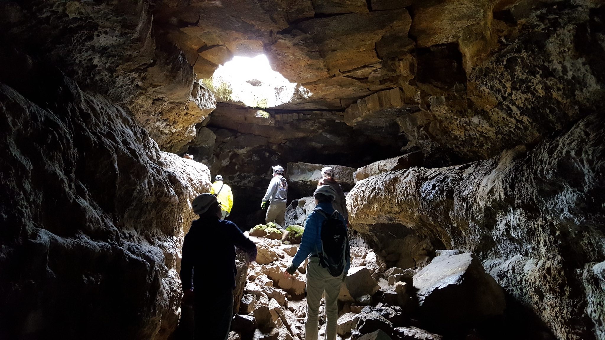 In an underground cave, five researchers wearing helmets and headlamps look towards a brightly lit opening overhead. The rocky cavern is large enough for all five to stand apart.