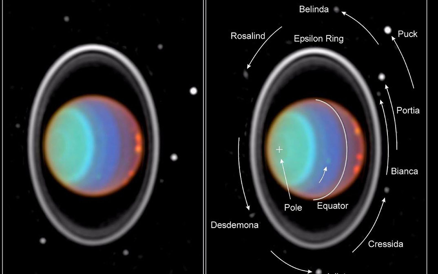 Taking its first peek at Uranus, NASA Hubble Space Telescope's Near Infrared Camera and Multi-Object Spectrometer (NICMOS) has detected six distinct clouds in images taken July 28, 1997. Hubble also captured eight moons in this image. Image Credit: NASA/JPL/STScI