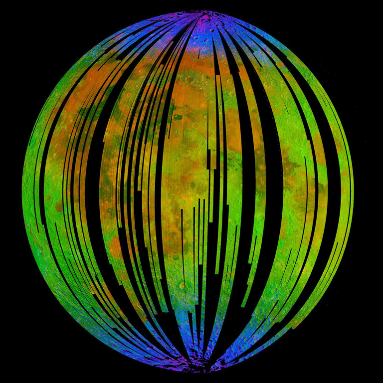 Globe of Moon with color-coded strips of data indicating mineral composition.