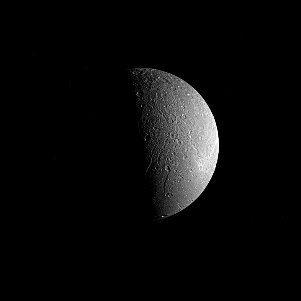 Saturn moon, Dione, taken by the Cassini spacecraft.