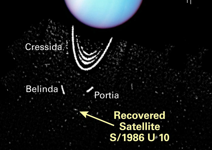 Hubble image of Uranus satellites, annotated.