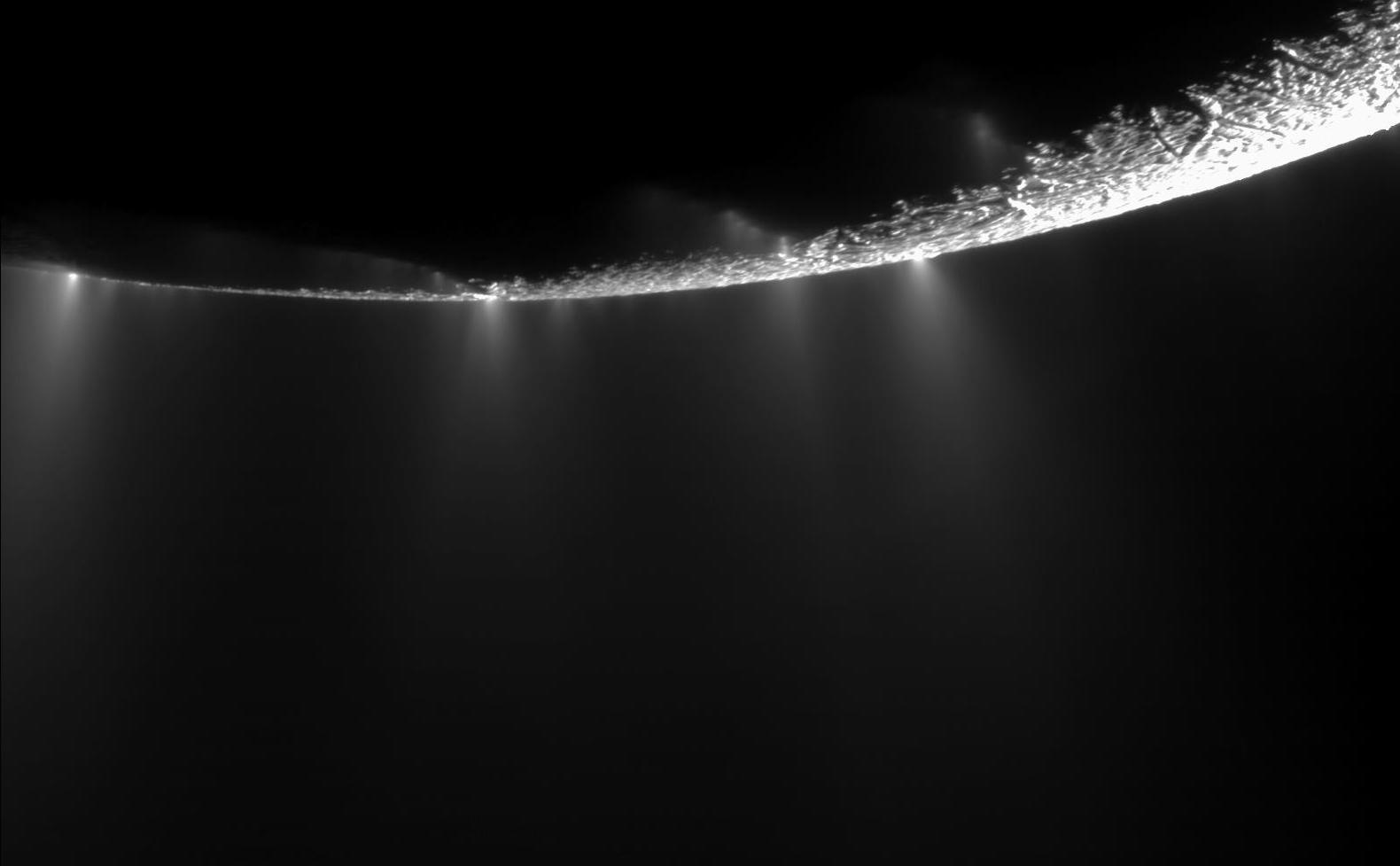 Black and white image of plumes at Enceladus.