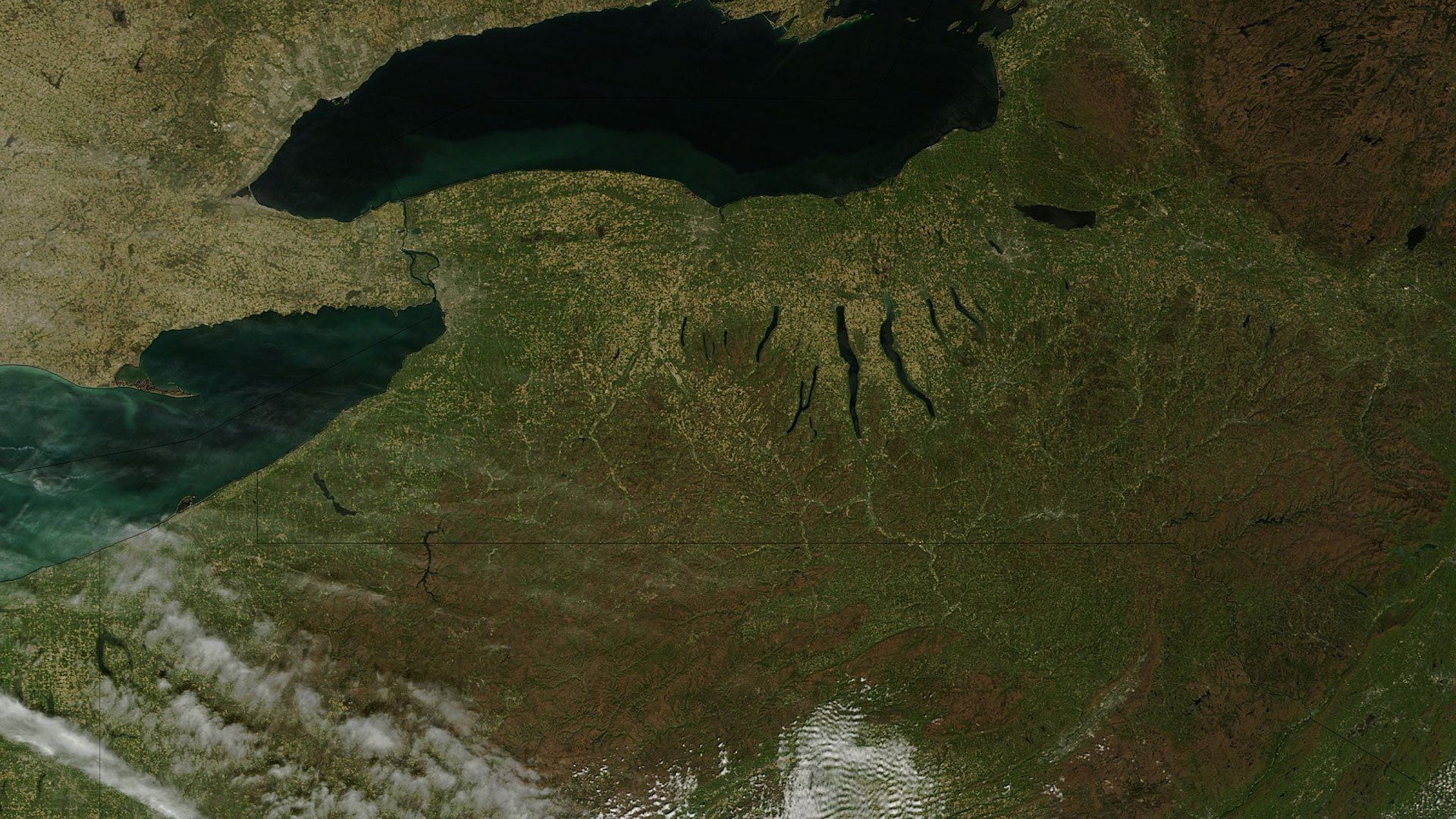 Satellite view of a series of long lakes that look like fingers on a hand.