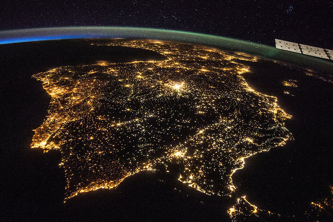 This image from orbits shows Spain and Portugal at night, illuminated only by city lights.