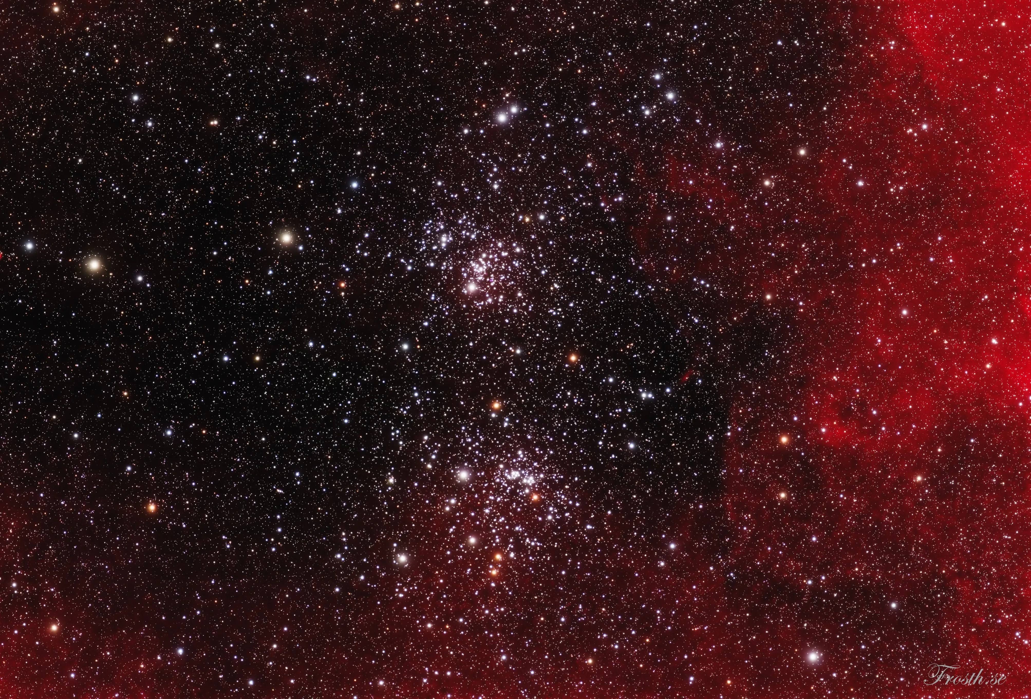 Double cluster of stars in Perseus cluster on a black space background and red clouds highlighting the front view