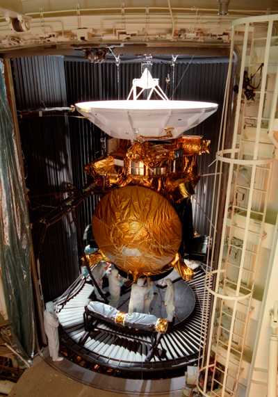 The Cassini probe undergoes vibration and thermal testing at the JPL facilities in Pasadena, California.