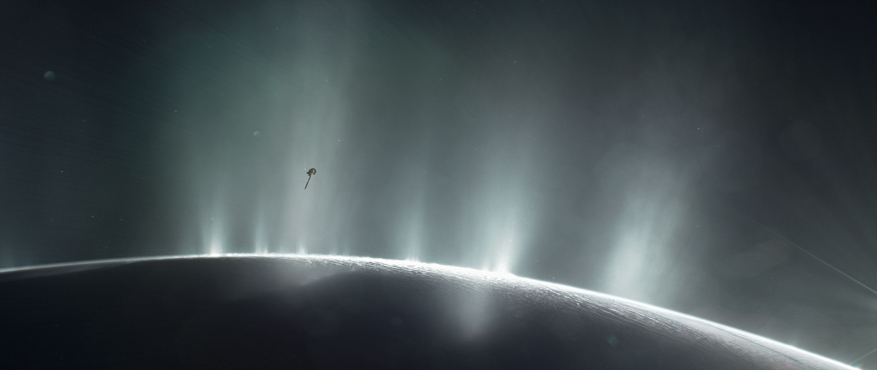 An illustration shows the curving horizon of an icy moon's surface, from which several jets of ice particles and water vapor spray, catching the Sun's light. A robotic spacecraft, Cassini, is visible as a small shape in the distance, headed for the icy plumes.