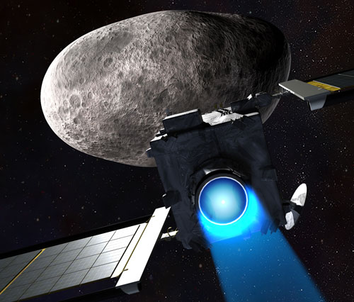 Illustration of spacecraft on a collision course with an asteroid moon.