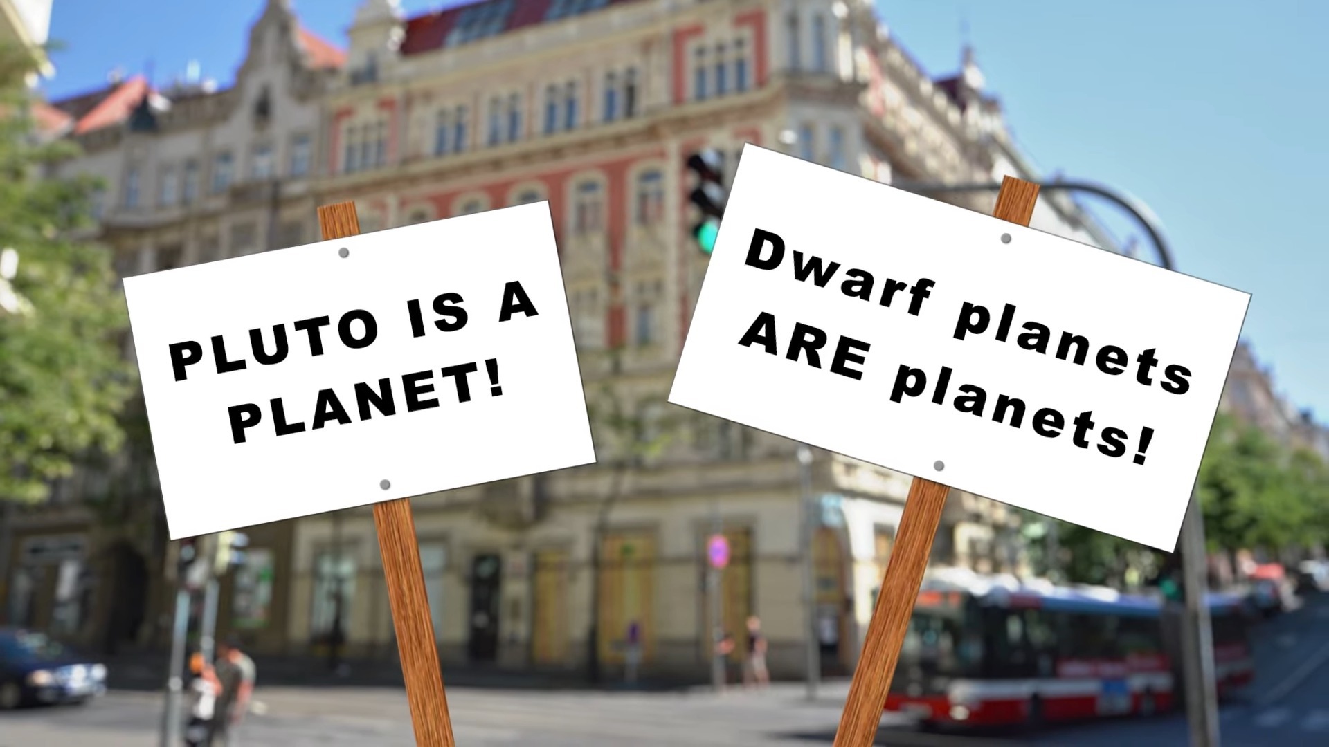 An illustration with two signs in front of a building. The signs support Pluto and dwarf planets.