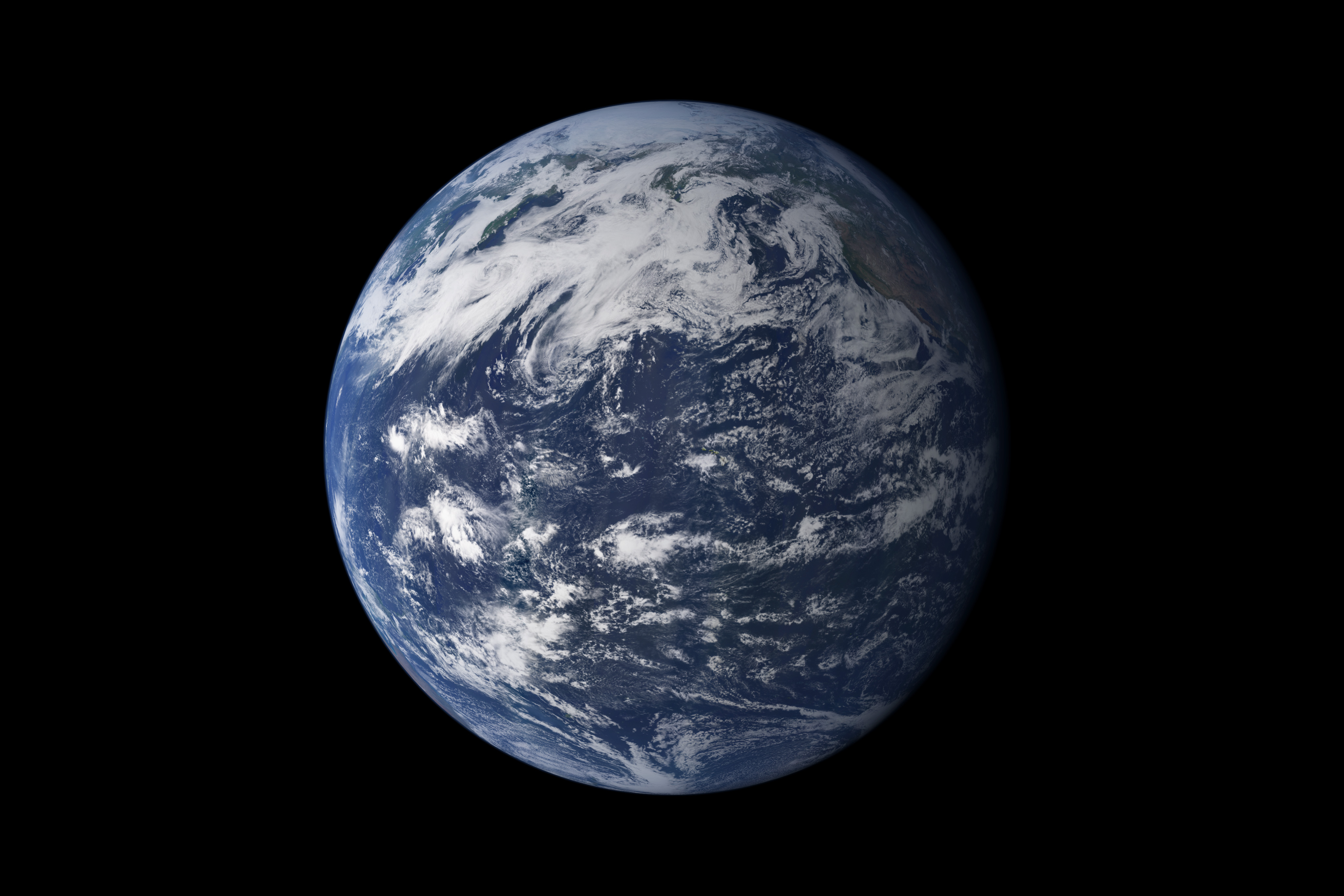A view of Earth in the blackness of space, looking toward the Pacific Ocean, shows only blue ocean and clouds.