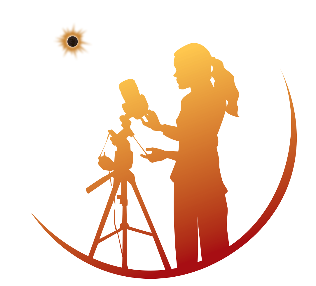 A cartoon of a girl with a ponytail, in a crescent shape. She is looking through a telescope an at an eclipse