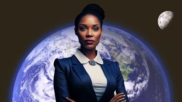 Photo of a woman in a business attire standing in front of an image of the earth and moon
