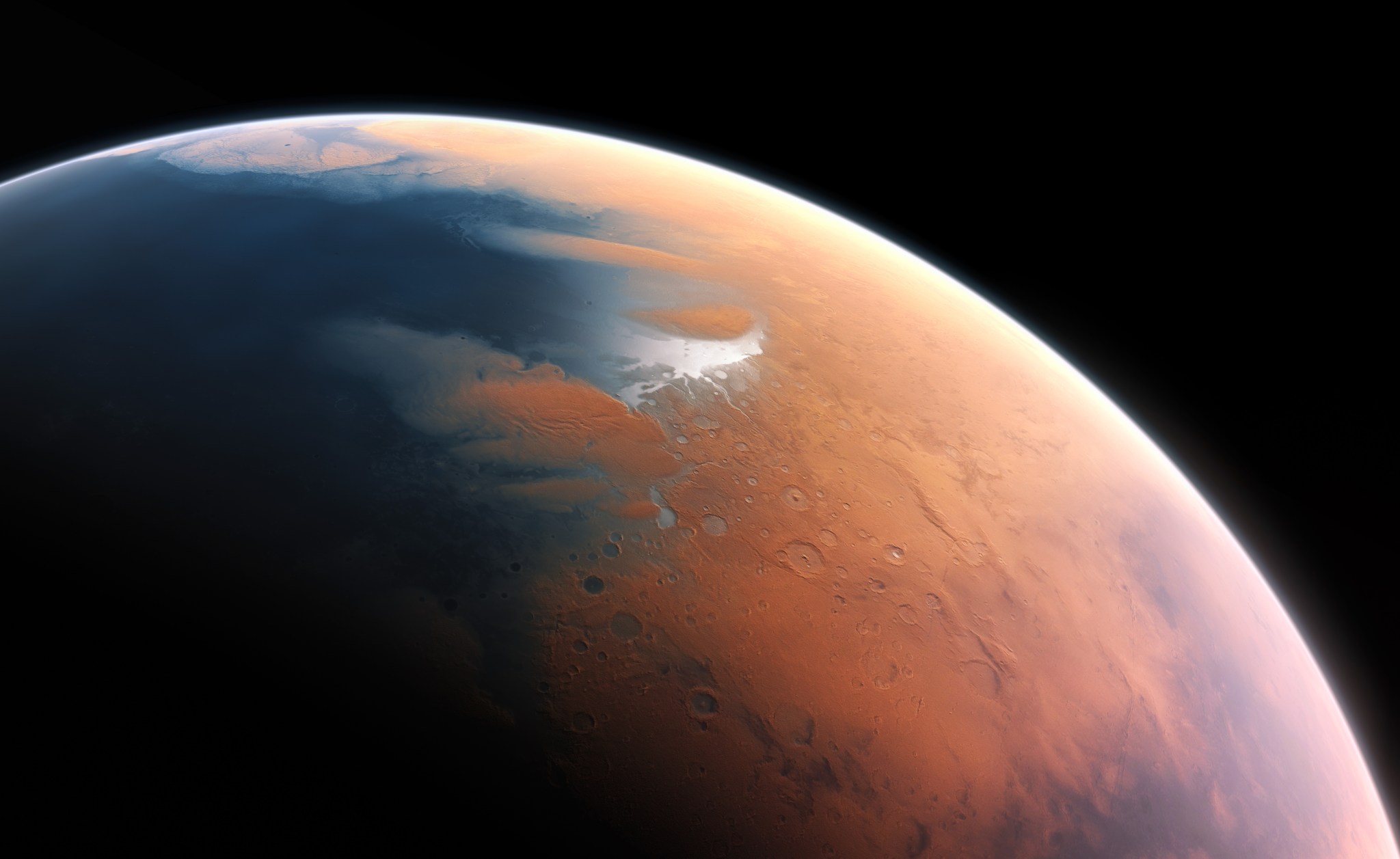 An illustration of Mars as it might have appears with water on its surface, shows the Red Planet with areas of blue water, with Sun glinting off the liquid's surface.