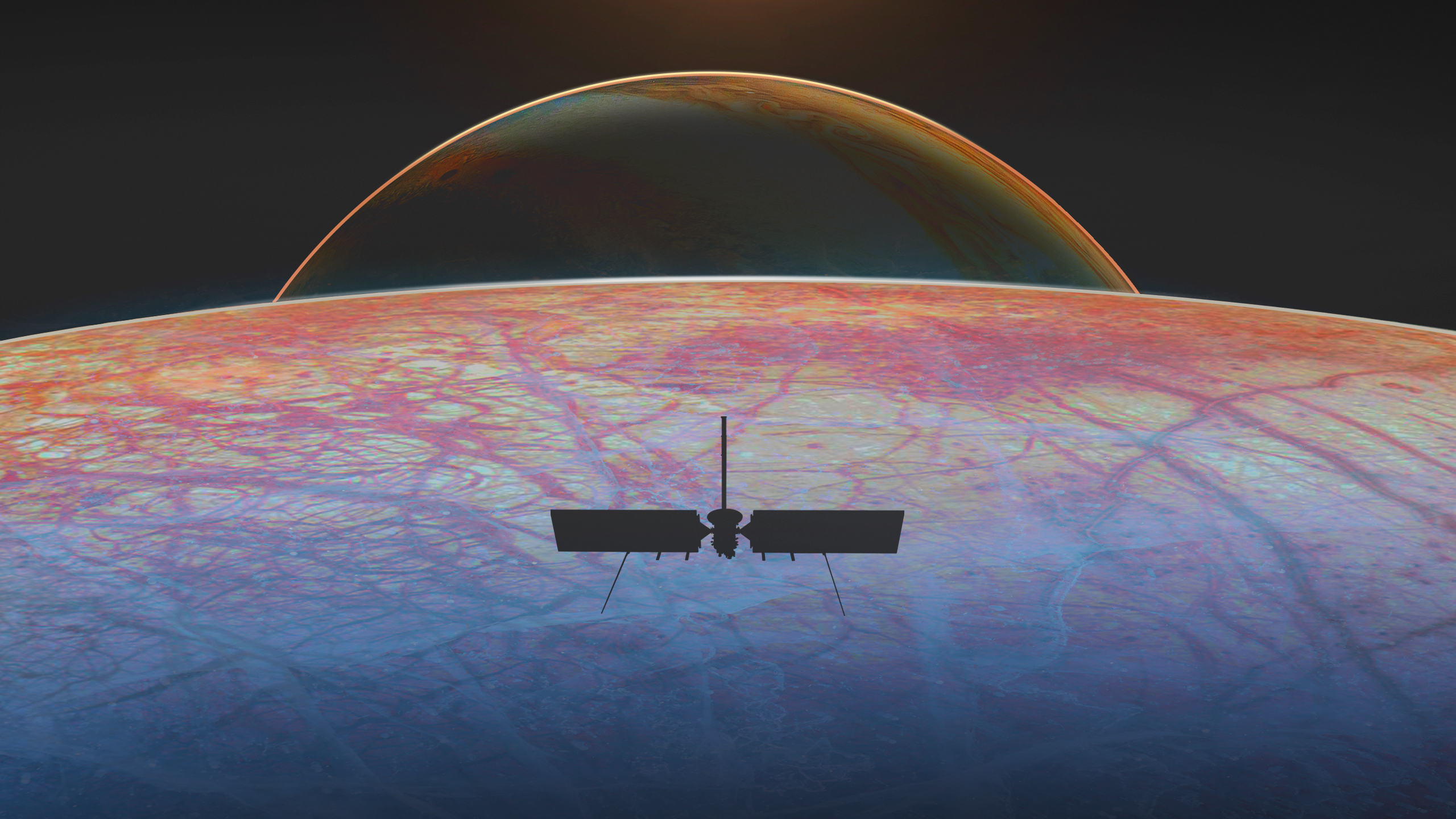 图中显示了一艘飞船在结冰的月球表面上的轮廓，月球表面有红色的裂缝。在月球地平线之外，木星就坐落在远处。