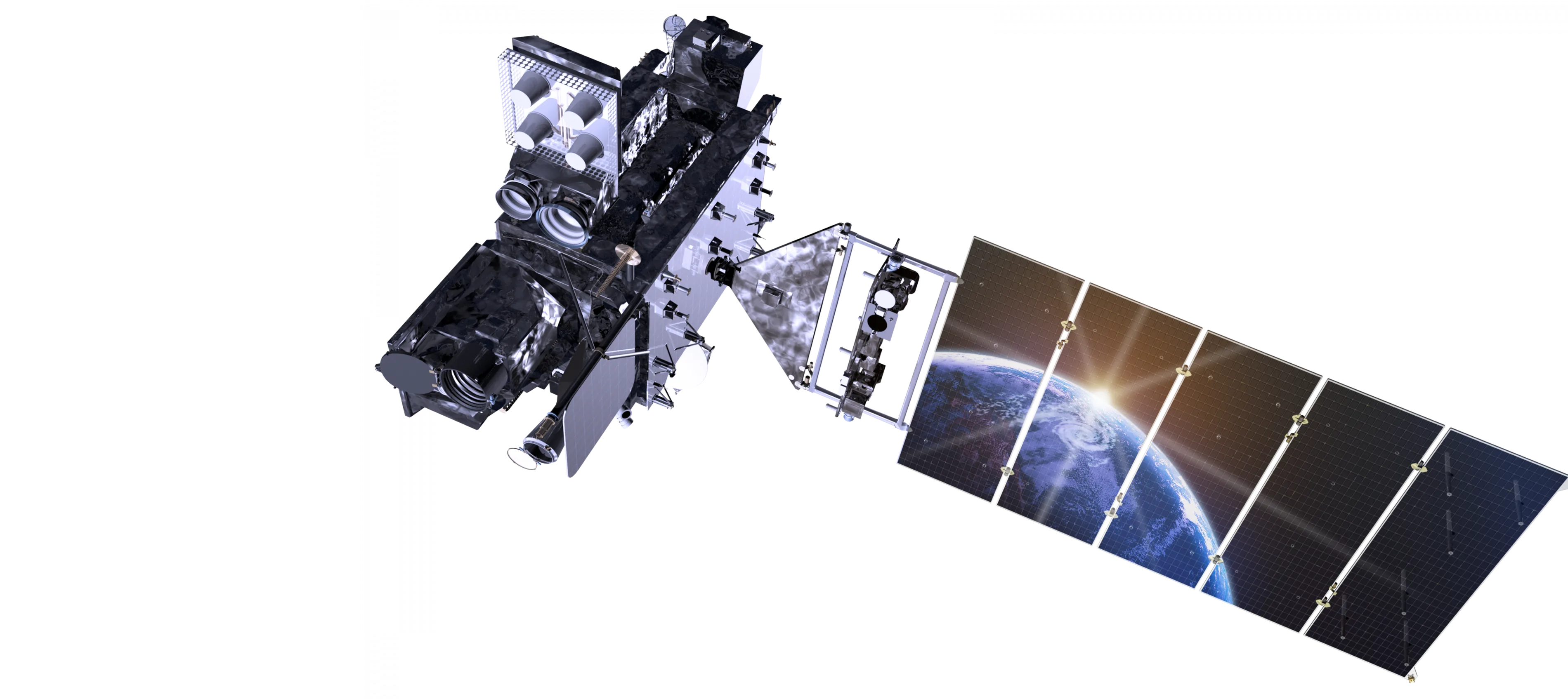 GOES-R series satellite 3d rendering front left side visible with the Earth reflected in it's solar panels.