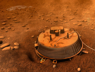 Artist's rendition of the Huygens spacecraft on the surface of Titan