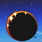 Against a blue background, A circle that is mostly black, with an orange crescent on the top left. Four diamond shapes poke out with the crescent.