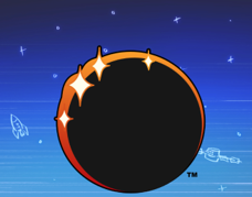 Against a blue background, A circle that is mostly black, with an orange crescent on the top left. Four diamond shapes poke out with the crescent.