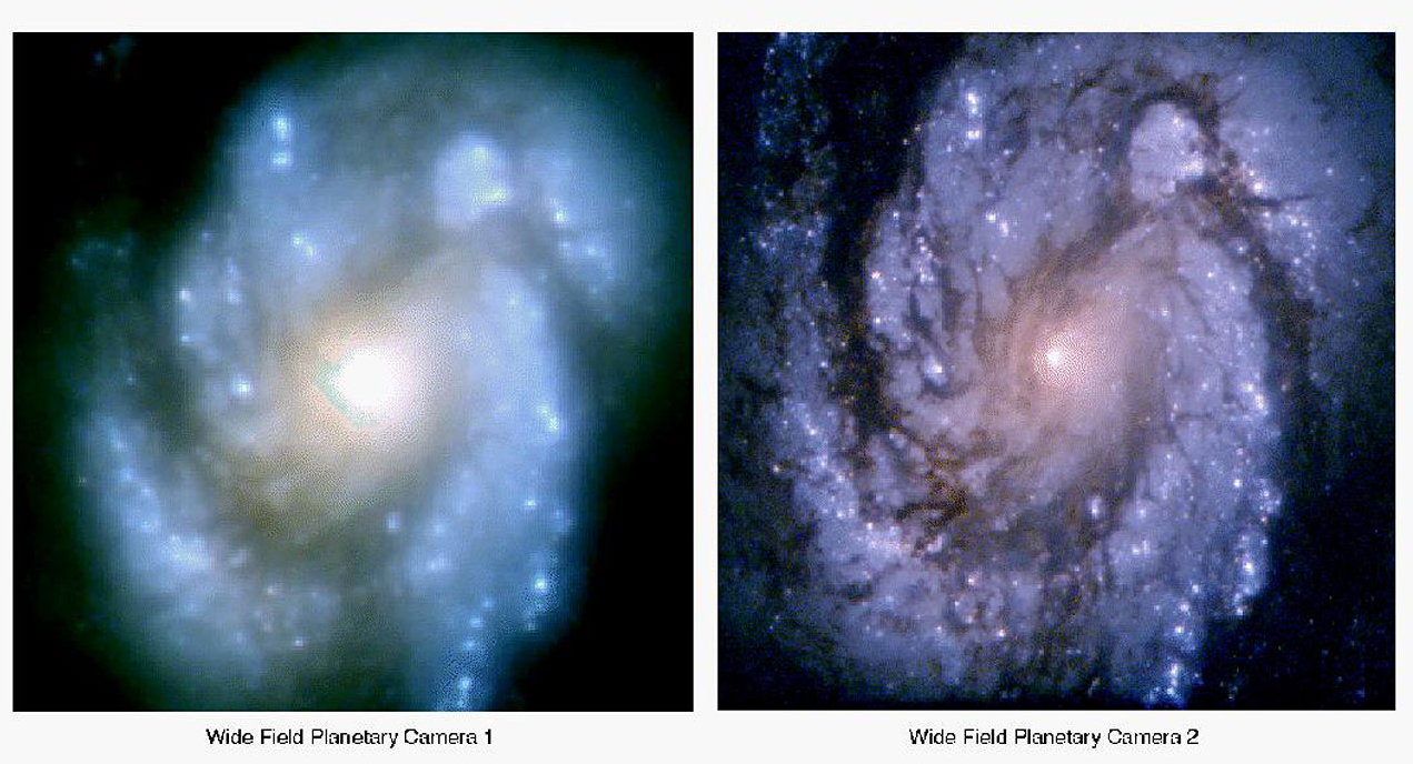 a side by side comparison of galaxy m100 before and after the fix for Hubble's spherical aberation was installed.