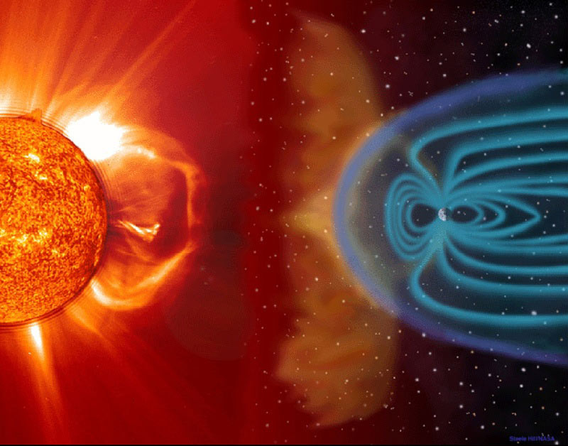 Diagram of Earth's magnetosphere showing magnetic field lines deflecting solar wind particles and protecting the planet from harmful radiation