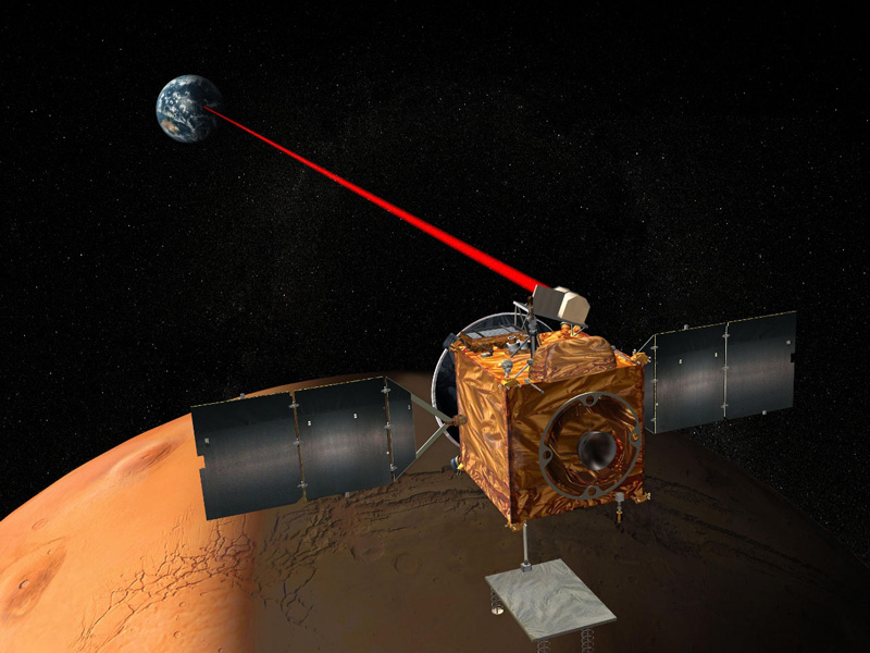 An artist's rendering of proposed optical communications system at Mars