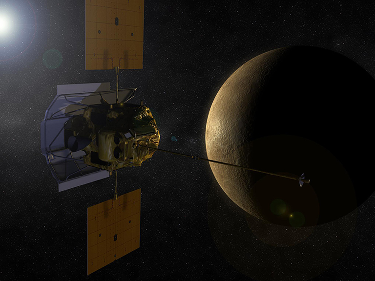 An illustration of the MESSENGER spacecraft at Mercury.
