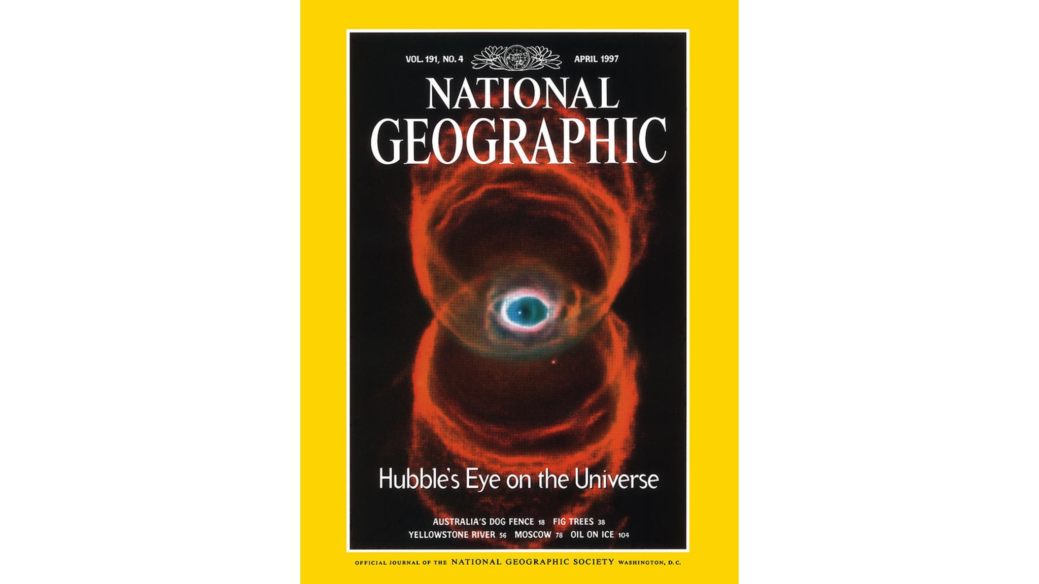 Cover of National Geographic Magazine with Hubble nebula image on it.