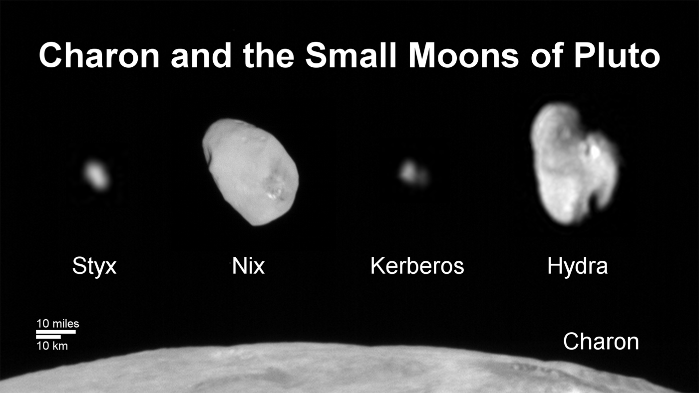 An illustration showing four smaller, irregularly shaped moons over the edge of Pluto's largest moon, Charon