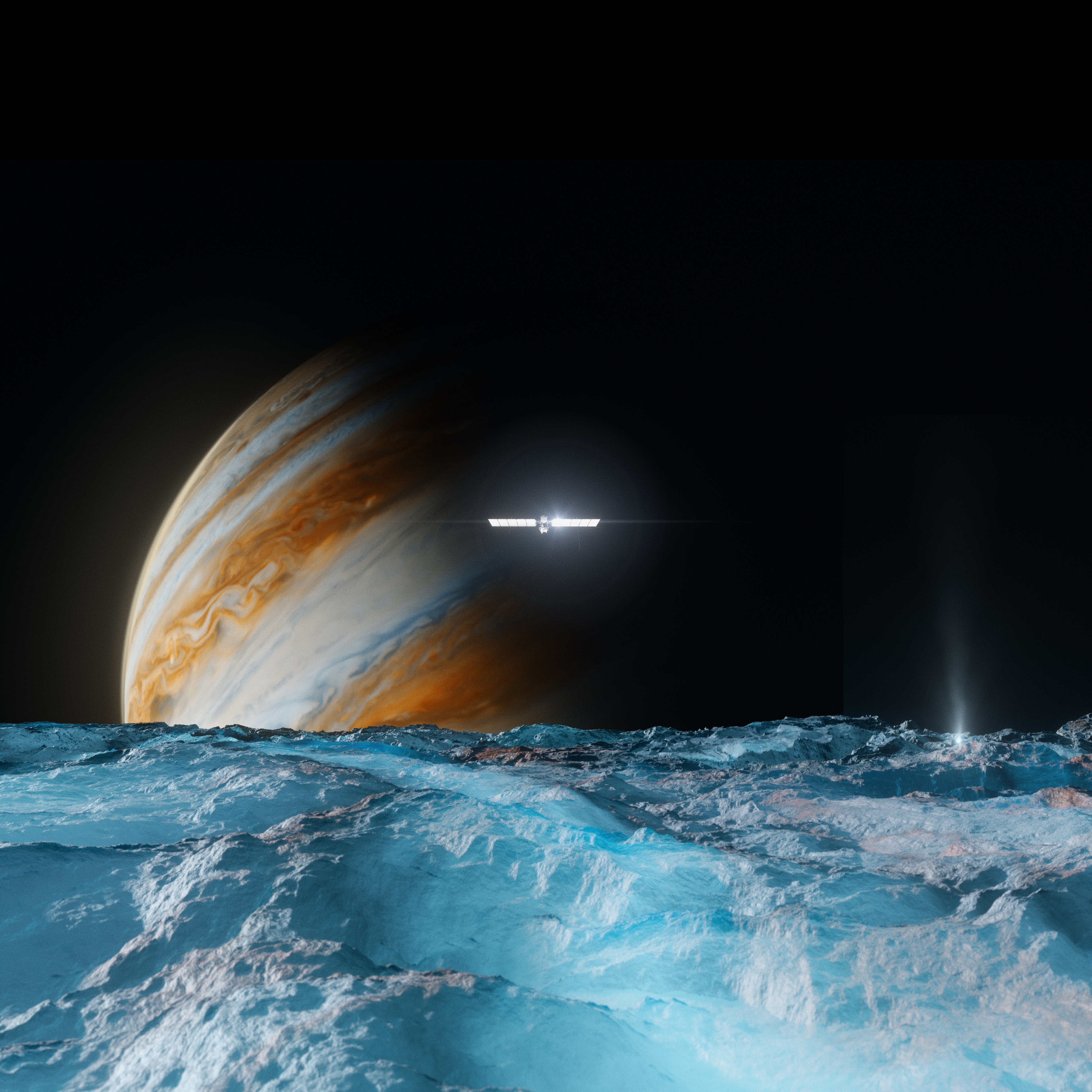 An icy surface is shown in the foreground, with the planet Jupiter and a shiny spacecraft looming in the background.