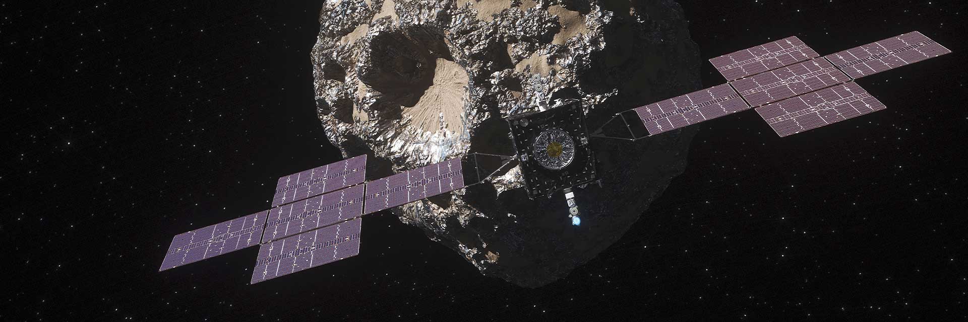 An illustration of a square spacecraft with solar winds on each side in front of an asteroid with a big crater and shiny raised areas that could be metallic.
