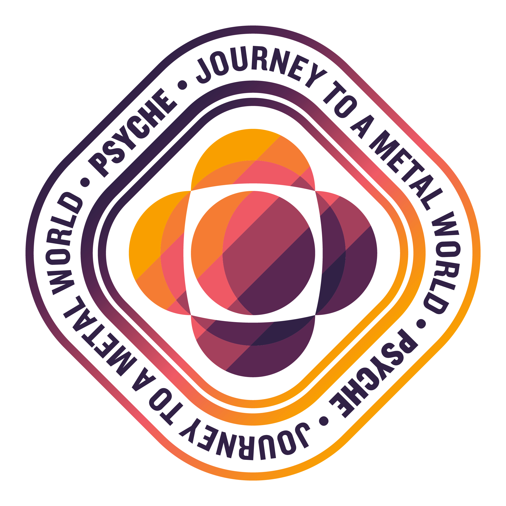 This is the primary badge for NASA's Psyche mission. It consists of an abstract representation of the asteroid itself, and a container shape that holds the name and mission tagline.