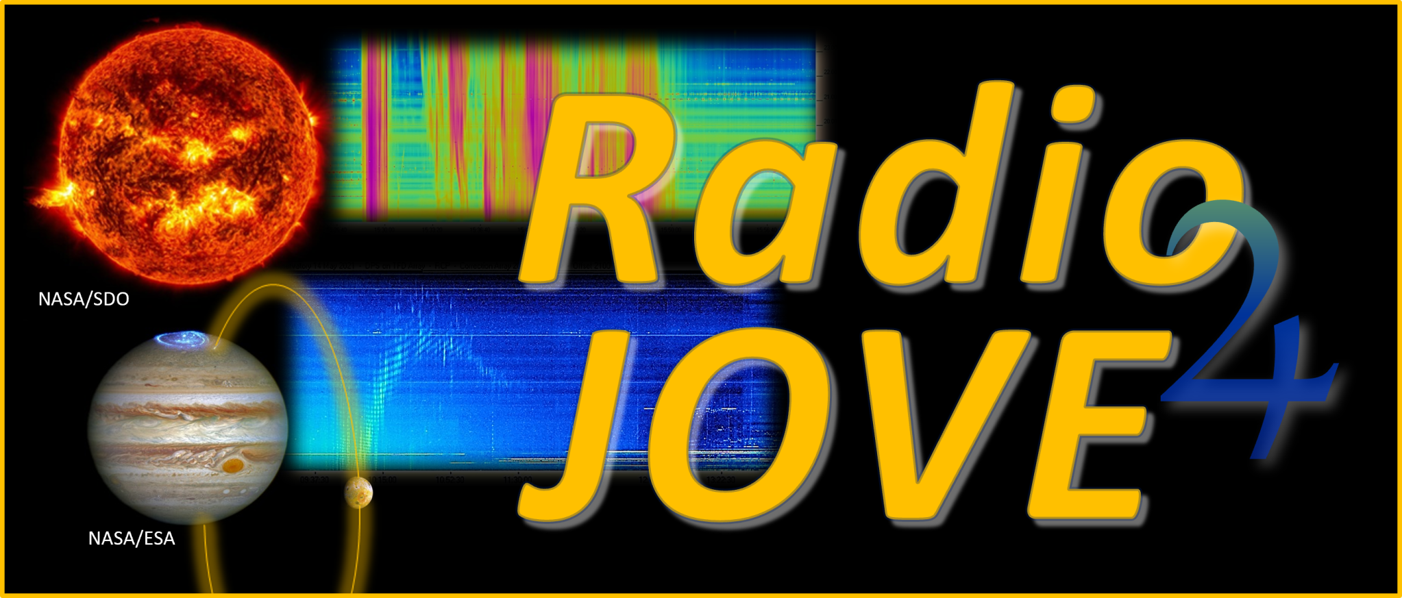 Radio Jove branding with a collage of images including solar flares, jupiter and colorful data charts