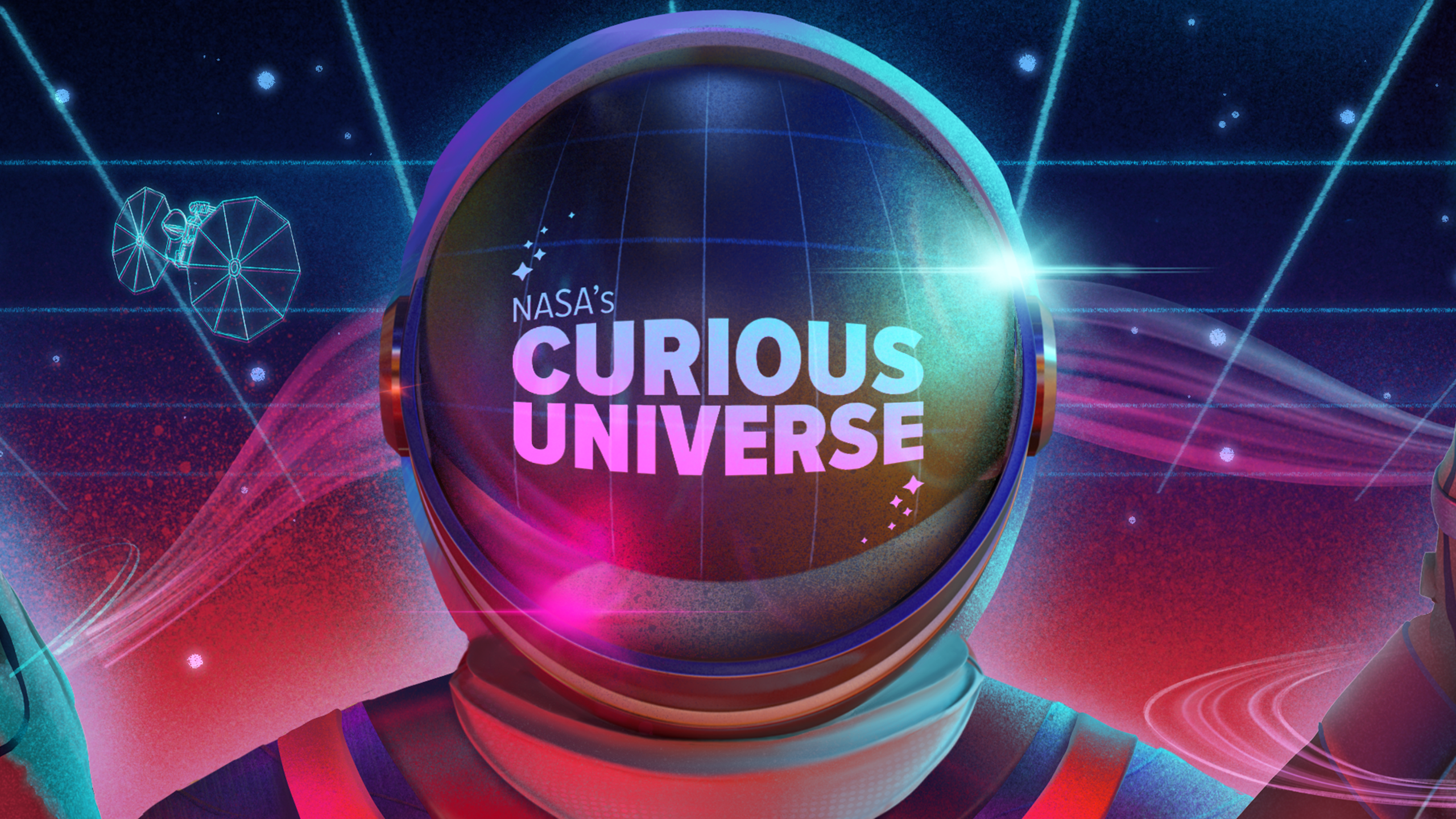 An illustration of an astronaut helmet features with NASA's Curious Universe written across it. The background shows a grid in blue hues. Pink, wavy illustrations are across the lower half of the image.