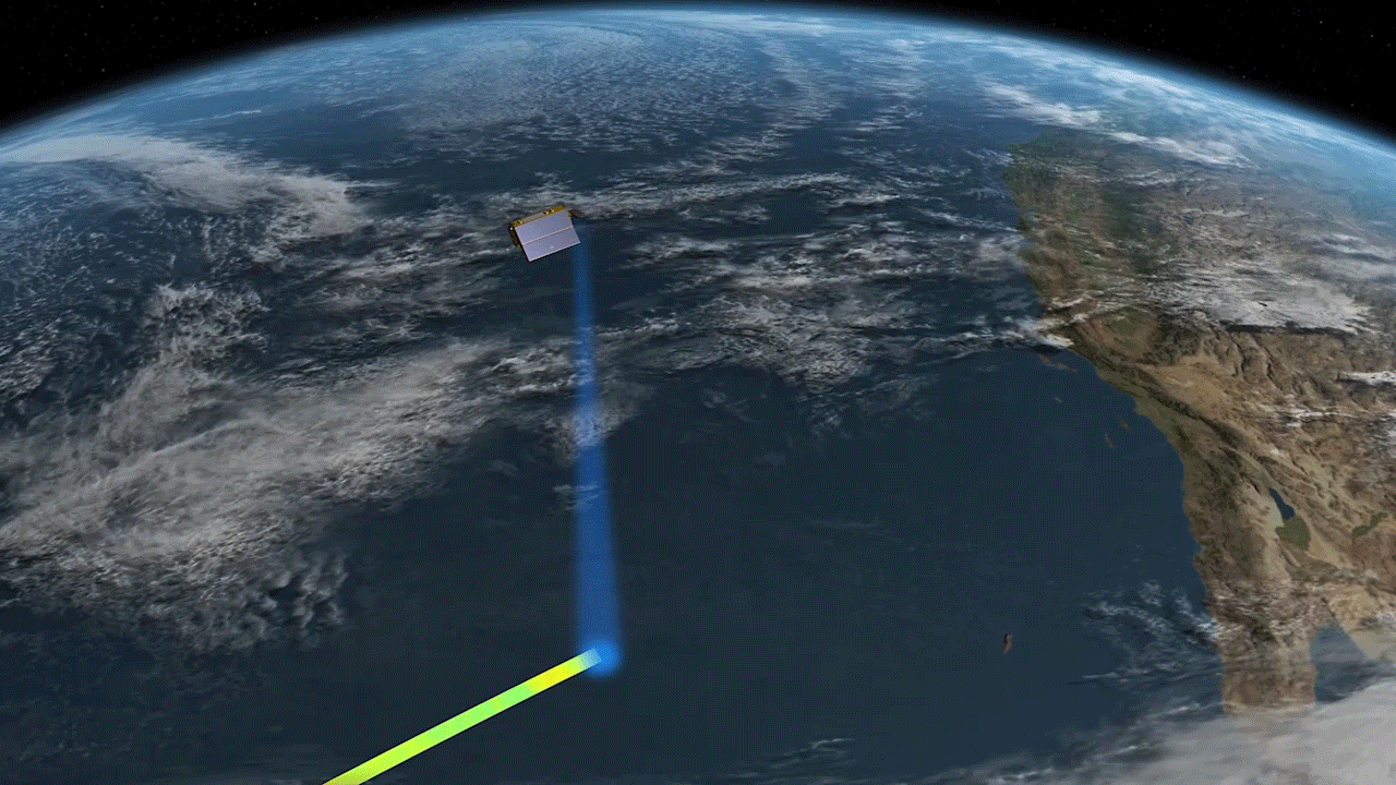 A short animation clip shows a satellite orbiting above Earth, bouncing a radar beam off the ocean surface as it flies.