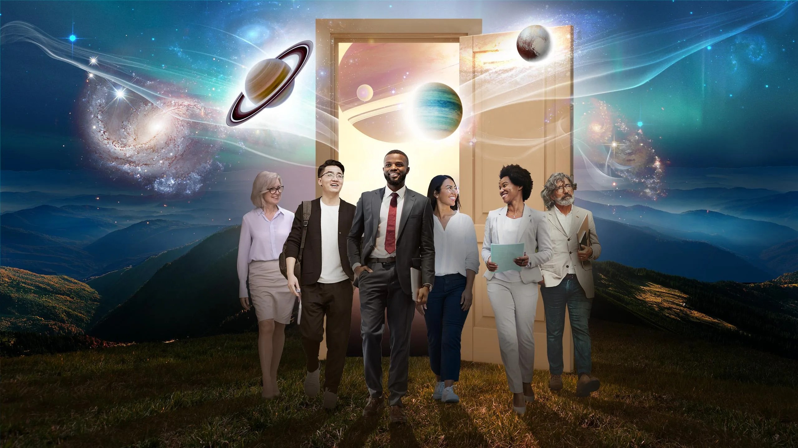 A group of people walk through an open doorway, all smiling and looking at one another, a variety of ages, genders, and skin tones. In the door they pass through, an array of planets, stars, and astronomical forms burst through, filling the sky.