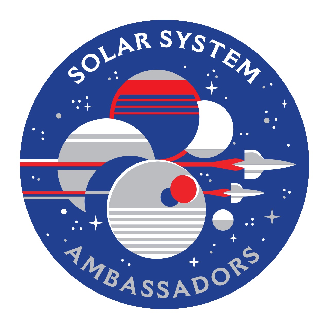 Solar System Ambassadors logo in blue and red with abstract planets and jets flying left to right