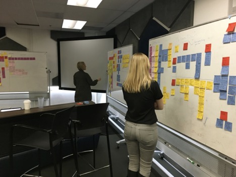two women working at whiteboards