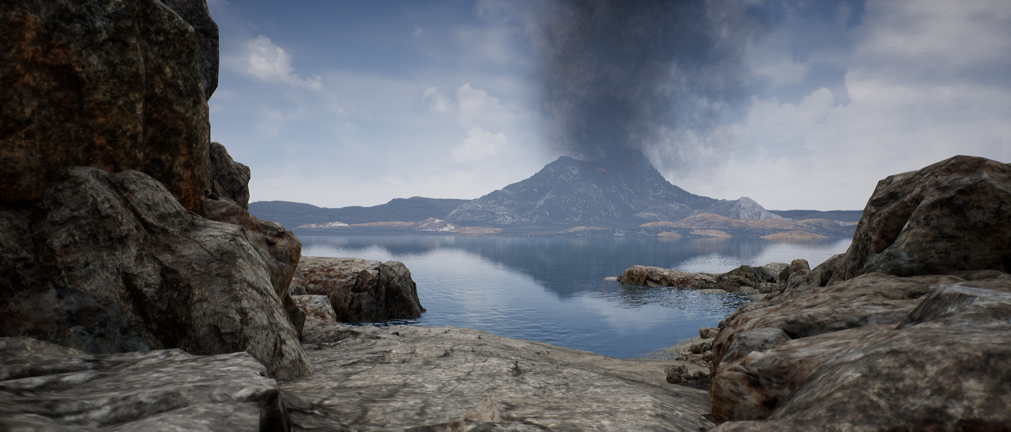 An illustrated view from the rocky surface of ancient Venus shows a smoking volcano in the distance, and a body of water in the foreground. The sky is bluish, with clouds like on Earth.