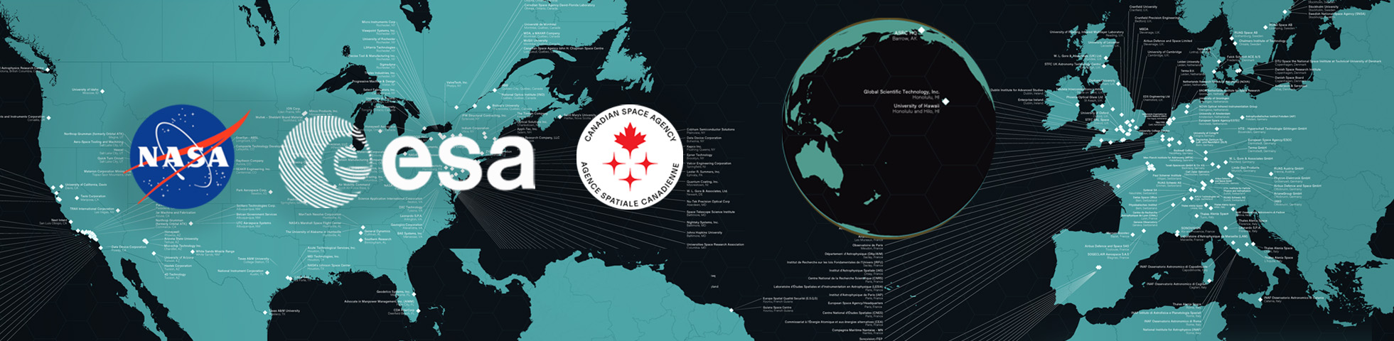 a composited map showing map showing North America, Europe, French Guiana South America, and the pacific with Hawaii and Alaska. Each speckled with dots indicating contributors to the Webb Space Telescope. Also has the NASA, ESA and CSA logos.