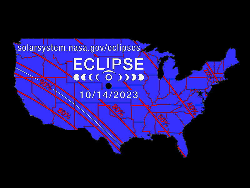Gray lettering that says "Eclipse 10/14/2023" on a dark blue map with red lines showing the percent of the Sun obscured by the Moon.