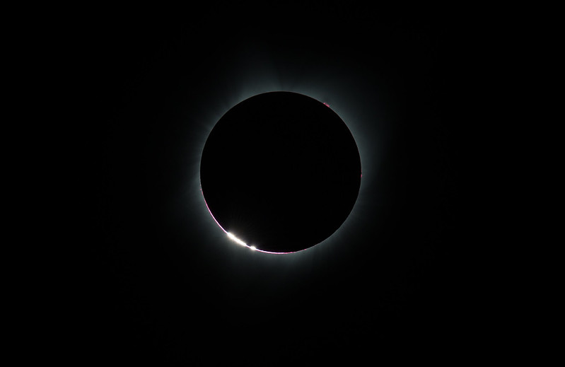 The Baily's Beads effect is seen as the Moon makes its final move over the Sun during the total solar eclipse on Monday, Aug. 21, 2017 above Madras, Oregon.