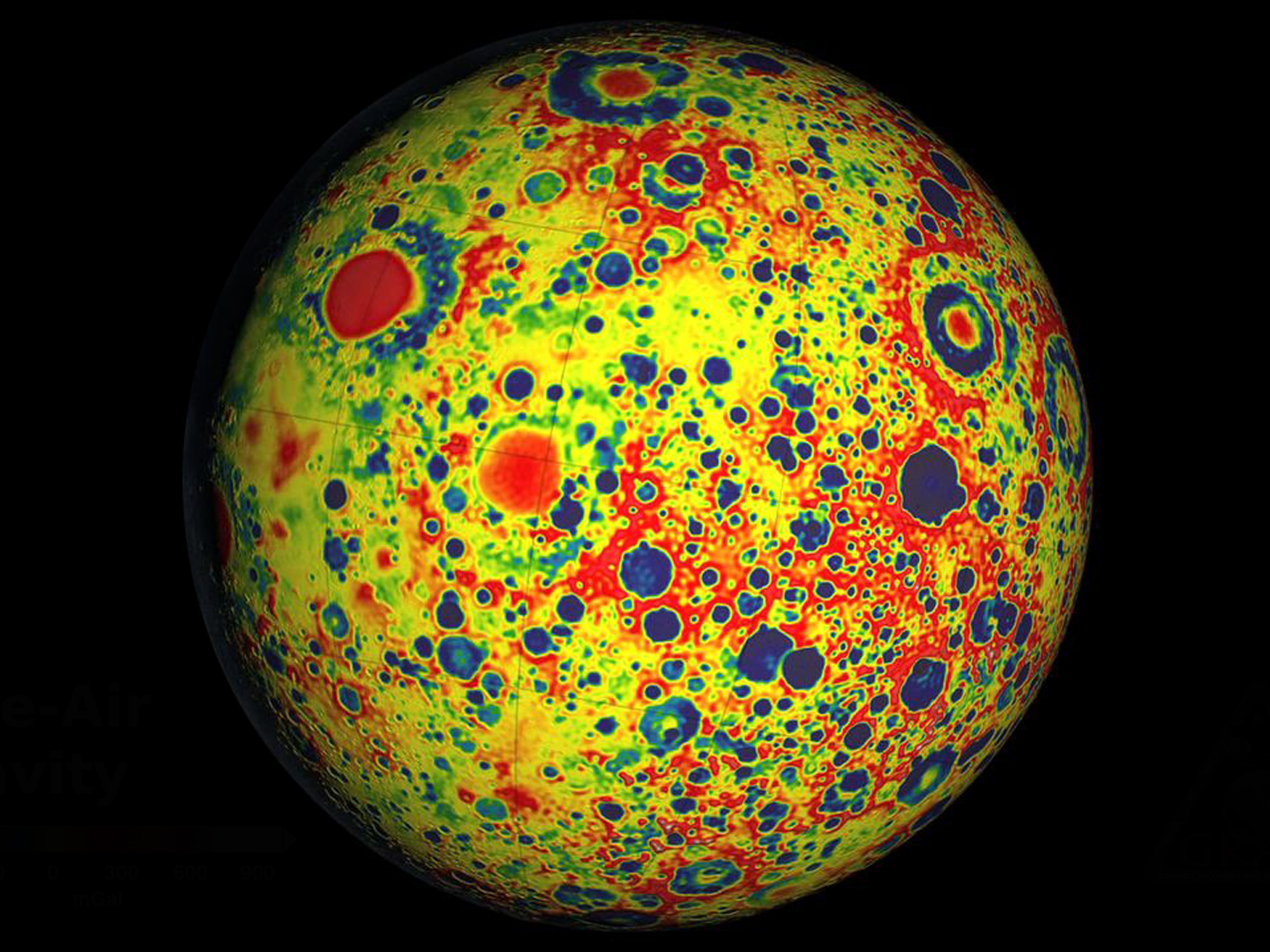 Gravity map of the moon, with variations shown in bright primary colors. The pattern resembles craters. 