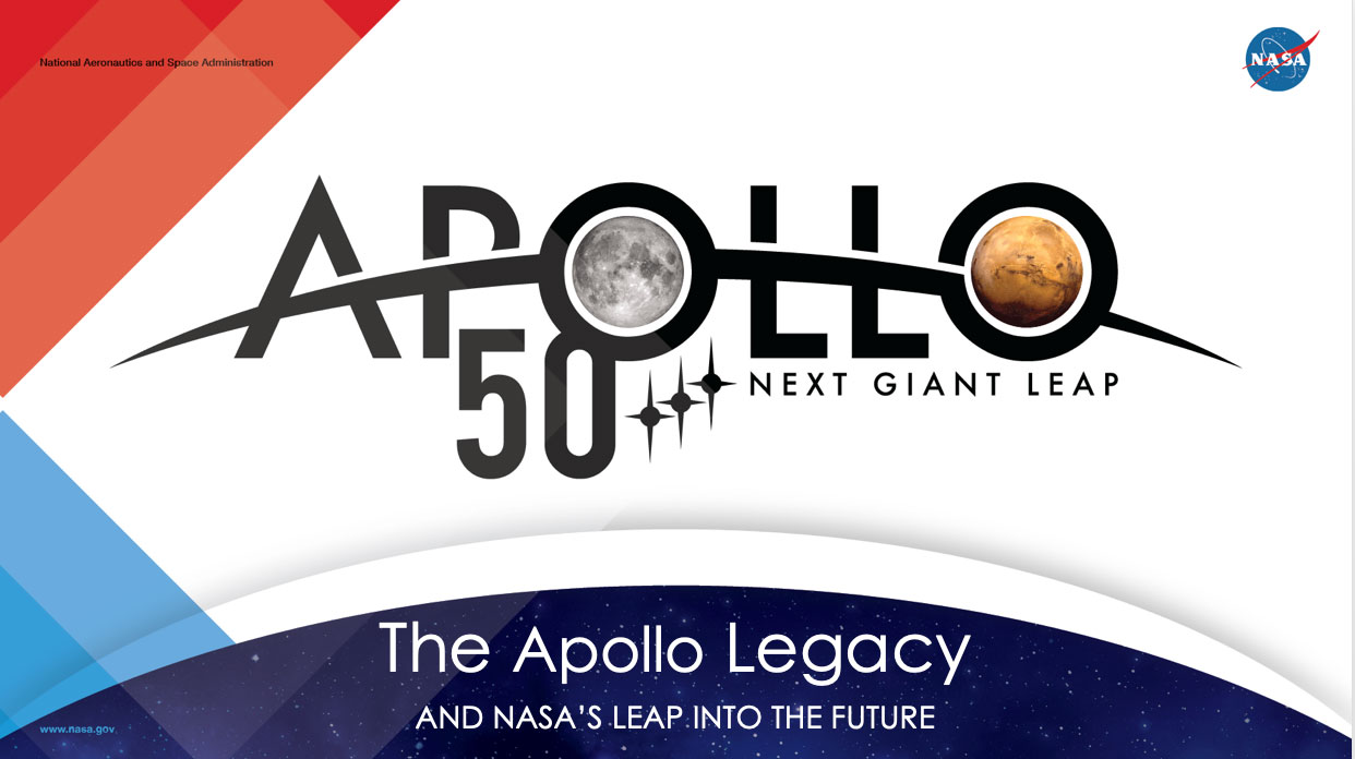 Intro slide with text "Apollo 50: The Next Giant Leap" and "The Apollo Legacy". Decorative edge graphics are red &amp; blue.